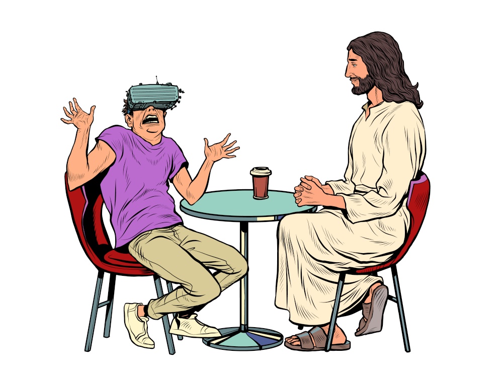 A young man in virtual reality glasses and Jesus next to him. Religion and virtual life. Pop Art Retro Vector Illustration Kitsch Vintage 50s 60s Style. A young man in virtual reality glasses and Jesus next to him. Religion and virtual life