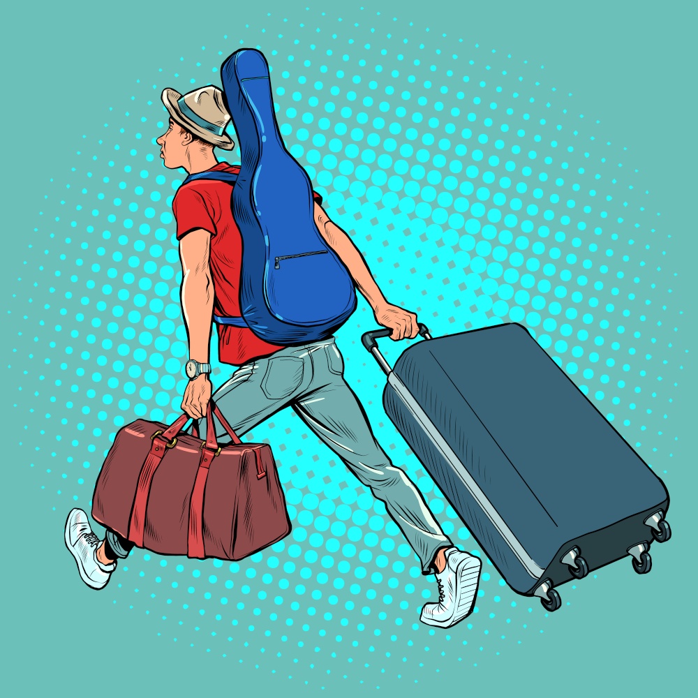 a young man with a guitar is a traveler flying on tour, luggage at the airport. Creative trip. Pop art Retro vector Illustration 50s 60s Vintage kitsch style. a young man with a guitar is a traveler flying on tour, luggage at the airport. Creative trip