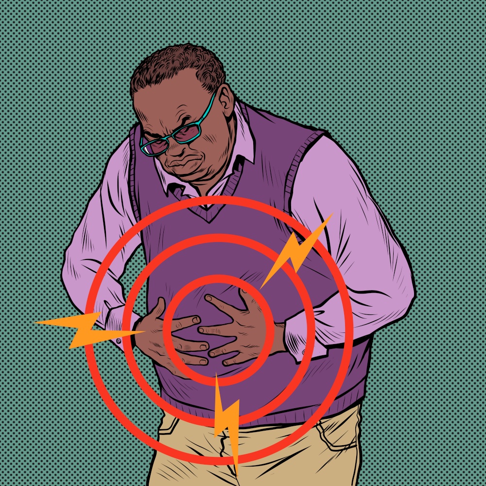 african elderly man abdominal pain, diseases of the stomach, intestines or other internal organs. Pop art Retro vector Illustration 50s 60s Vintage kitsch style. african elderly man abdominal pain, diseases of the stomach, intestines or other internal organs