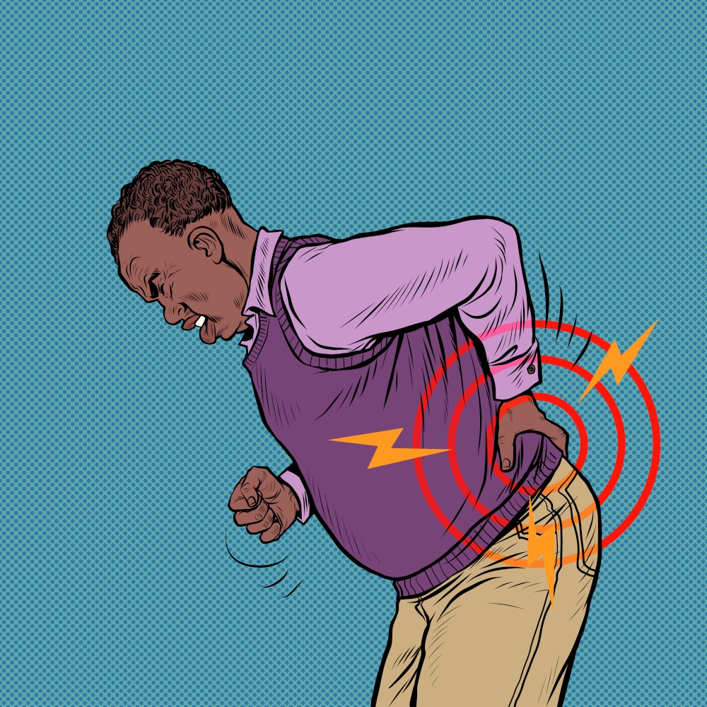 african elderly man back pain, osteochondrosis hernia sprain sciatica and other diseases of the spine and internal organs. Pop art Retro vector Illustration 50s 60s Vintage kitsch style. african elderly man back pain, osteochondrosis hernia sprain sciatica and other diseases of the spine and internal organs