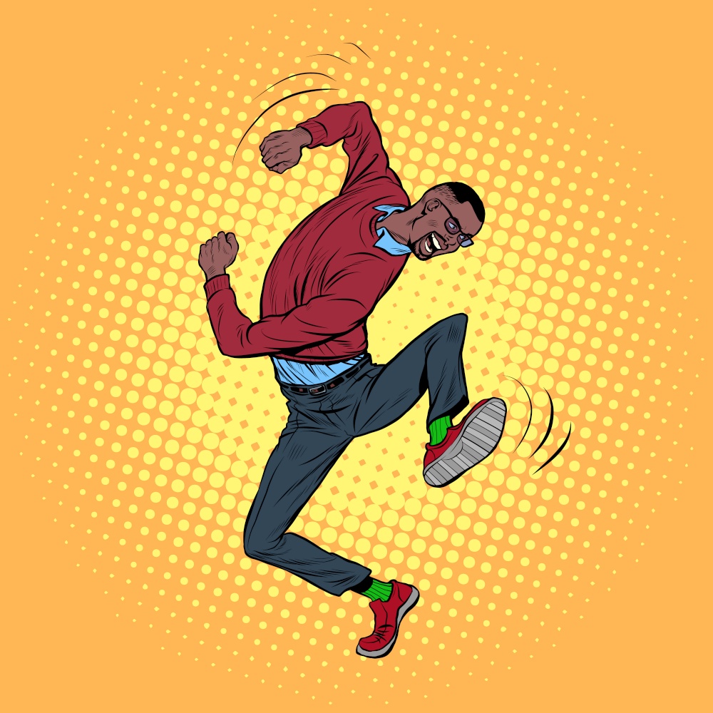 african young man dancing, stylish clothes. Freedom and fan, love of music. Pop art Retro vector Illustration 50s 60s Vintage kitsch style. african young man dancing, stylish clothes. Freedom and fan, love of music