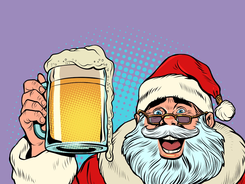 Santa Claus with a beer mug. Pub or bar, a fun party. Christmas and New Year, winter seasonal holiday in December. Pop art Retro vector Illustration 50s 60s Vintage kitsch style. Santa Claus with a beer mug. Pub or bar, a fun party. Christmas and New Year, winter seasonal holiday in December