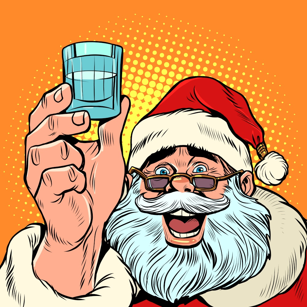 Santa Claus and a shot of vodka. Holiday party Christmas and New Year, winter seasonal holiday in December. Pop art Retro vector Illustration 50s 60s Vintage kitsch style. Santa Claus and a shot of vodka. Holiday party Christmas and New Year, winter seasonal holiday in December