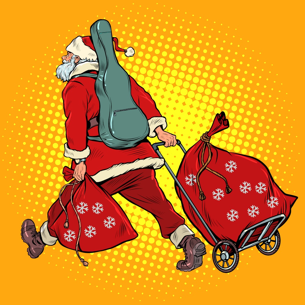 Santa Claus is a musician with a guitar going on tour. Christmas and New Year, winter seasonal holiday in December. Pop art Retro vector Illustration 50s 60s Vintage kitsch style. Santa Claus is a musician with a guitar going on tour. Christmas and New Year, winter seasonal holiday in December