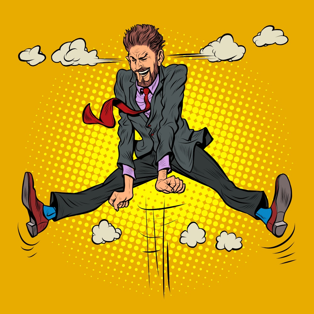 emotional male businessman jumped up, steam from his ears, cartoon pose. Pop Art Retro Vector Illustration Kitsch Vintage 50s 60s Style. emotional male businessman jumped up, steam from his ears, cartoon pose