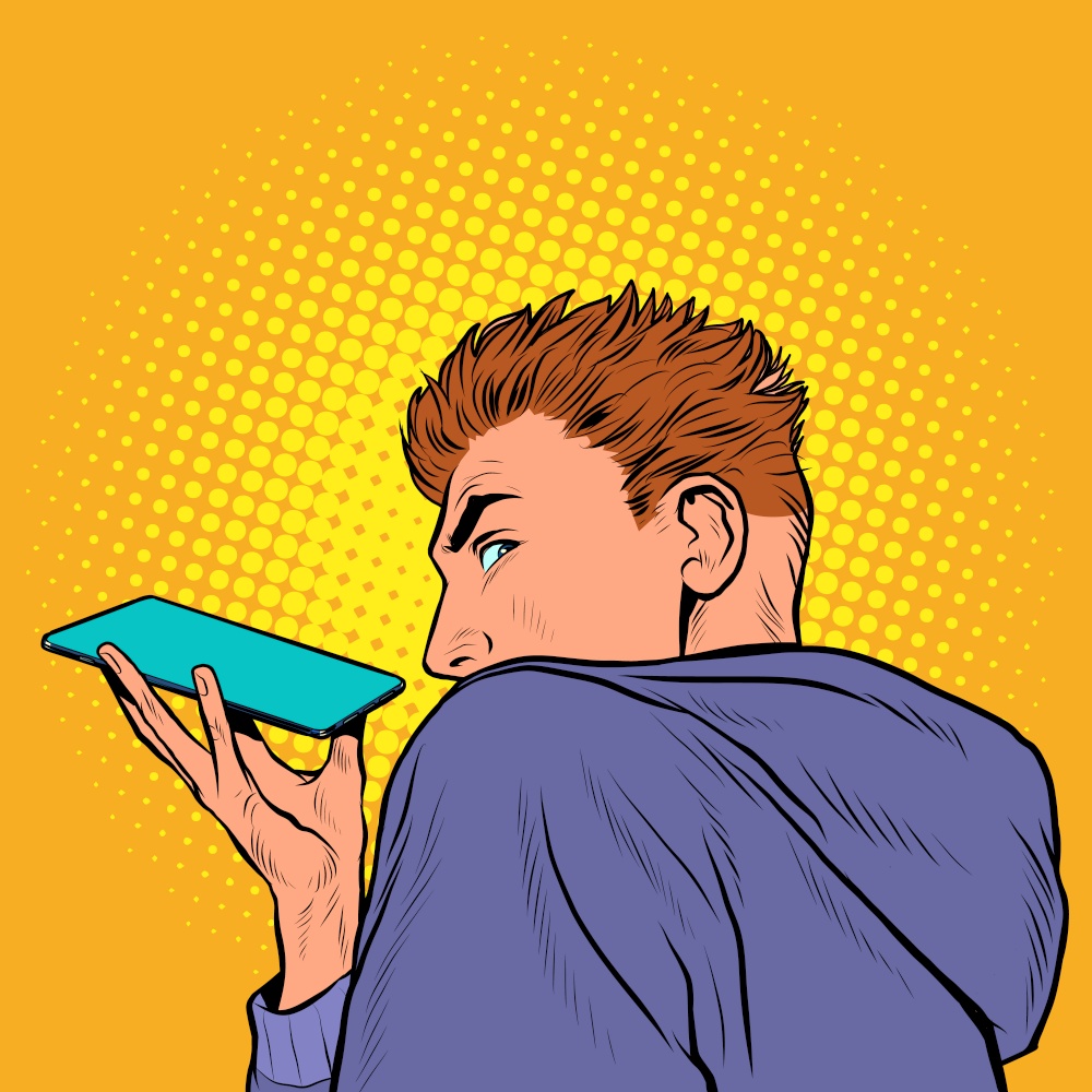 a man is talking on a smartphone on a speakerphone, holding the phone horizontally. Pop art retro vector illustration kitsch vintage 50s 60s style. a man is talking on a smartphone on a speakerphone, holding the phone horizontally