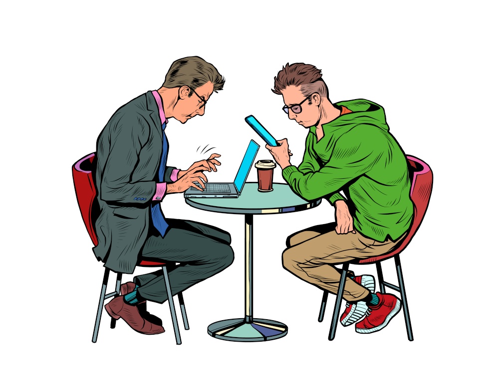 two men in a cafe are working on a laptop and a smartphone. Freelance in a restaurant. Pop art retro vector illustration kitsch vintage 50s 60s style. two men in a cafe are working on a laptop and a smartphone. Freelance in a restaurant