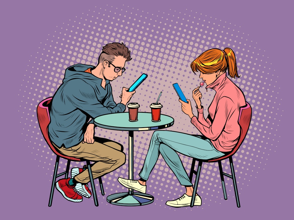 a couple on a date in a restaurant are looking at smartphones and not talking, loneliness and new technologies. Pop Art Retro Vector Illustration Kitsch Vintage 50s 60s Style. a couple on a date in a restaurant are looking at smartphones and not talking, loneliness and new technologies