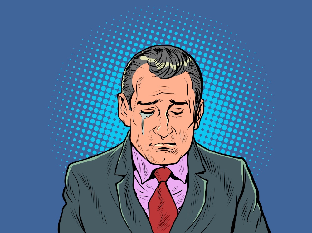 A serious businessman is crying, a sad mood. Sad news. Pop art retro vector illustration kitsch vintage 50s 60s style. A serious businessman is crying, a sad mood. Sad news