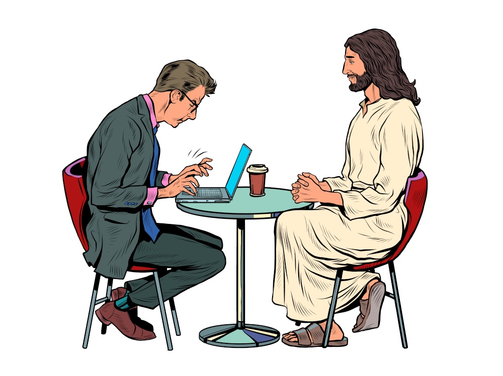 Jesus is waiting for you, savior and busy man at the table. Christianity and religion, preaching and faith. Pop art retro vector illustration kitsch vintage 50s 60s style. Jesus is waiting for you, savior and busy man at the table. Christianity and religion, preaching and faith