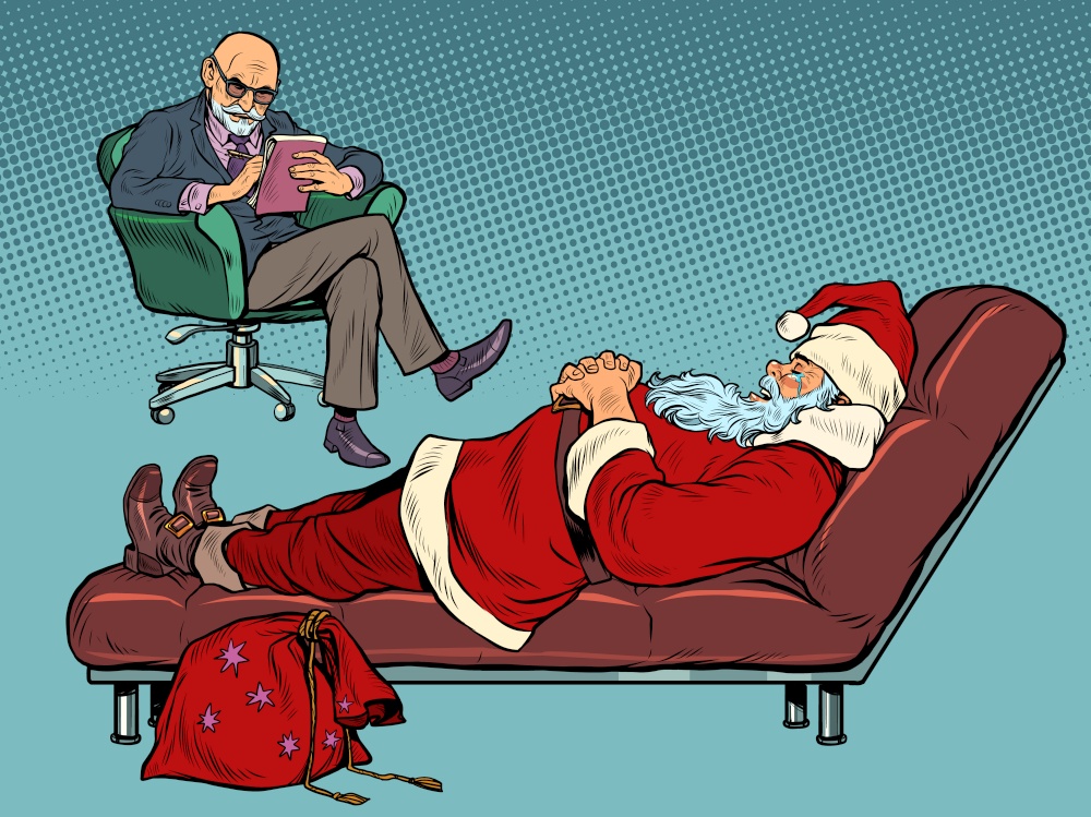 Santa Claus at a psychologist appointment, a therapist couch. Session, Christmas holidays. Pop Art Retro Vector Illustration Kitsch Vintage 50s 60s Style. Santa Claus at a psychologist appointment, a therapist couch. Session, Christmas holidays