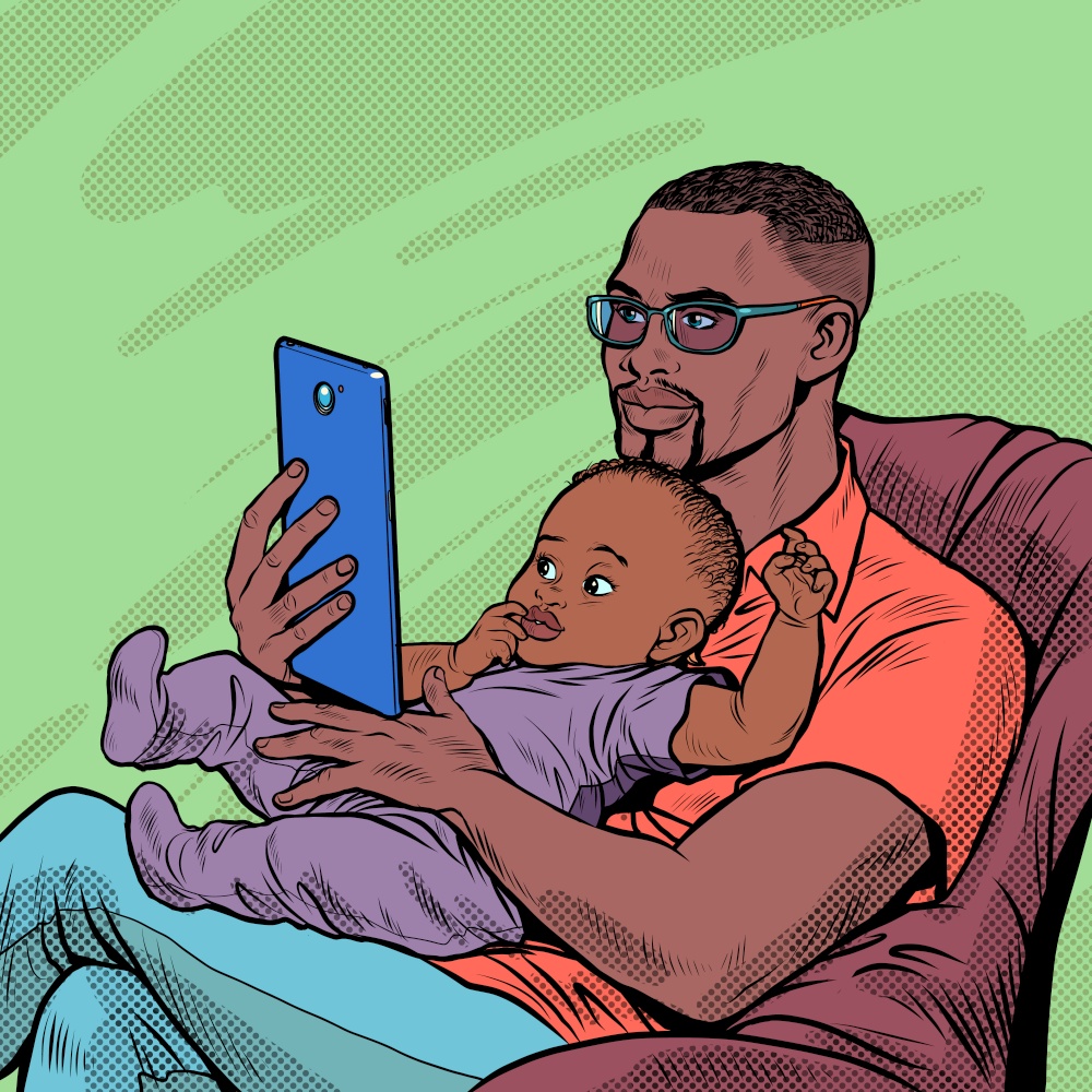african Father and child, homework and fatherhood. Love and care. Pop art Retro vector Illustration 50s 60s Vintage kitsch style. african Father and child, homework and fatherhood. Love and care