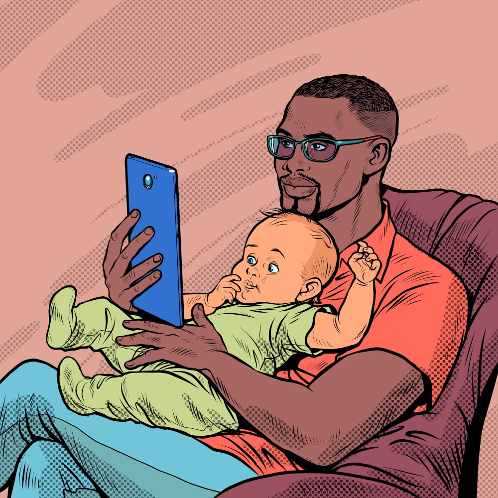 african Father and caucasian child, homework and fatherhood. Love and care. Pop art Retro vector Illustration 50s 60s Vintage kitsch style. african Father and caucasian child, homework and fatherhood. Love and care