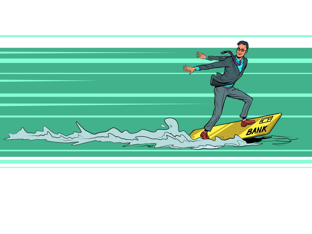 A businessman floats on a plastic card, like on a boat or a board. Speed of transfers and banking services. Pop art Retro vector illustration 50e 60 style. A businessman floats on a plastic card, like on a boat or a board. Speed of transfers and banking services