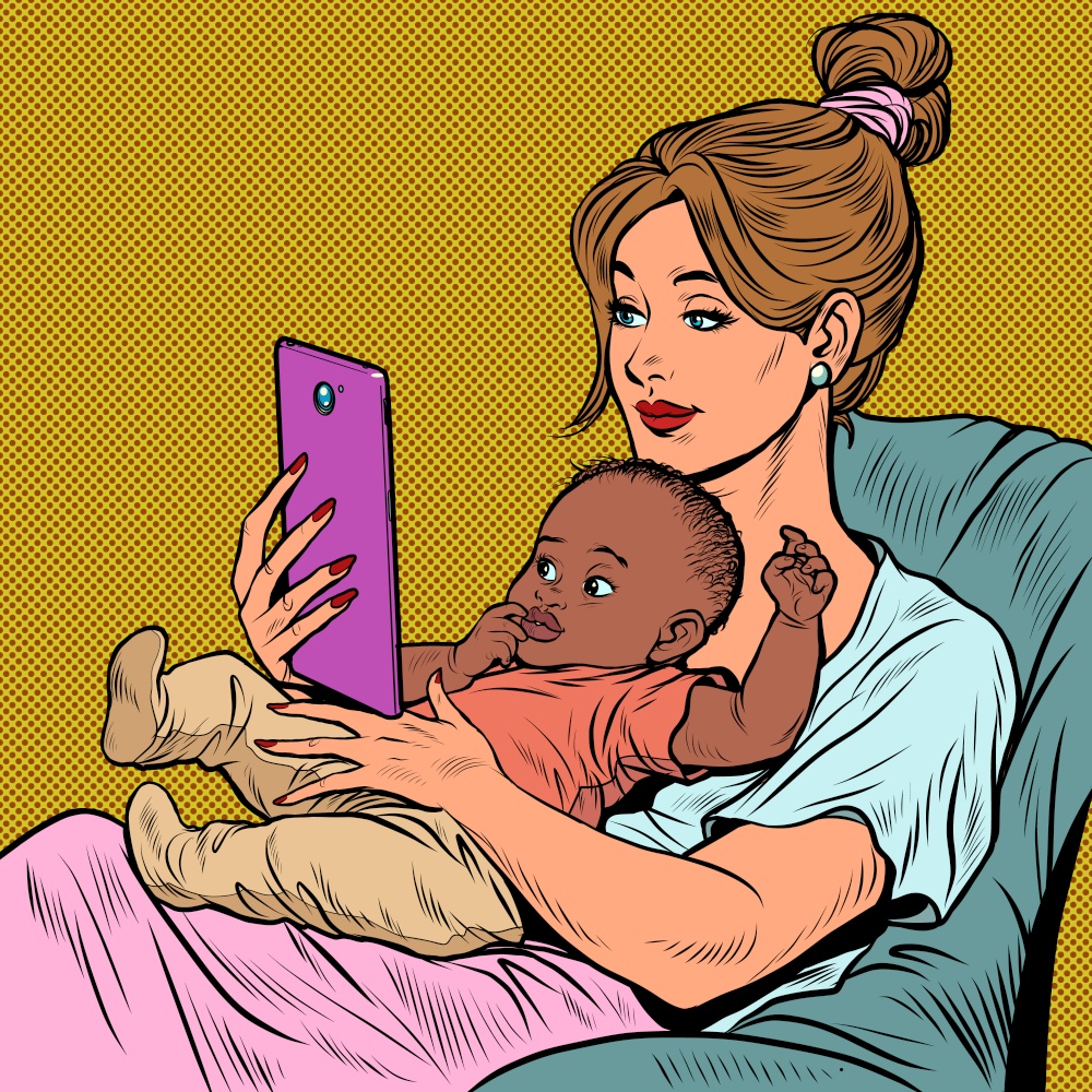 caucasian mother and african child, homework and motherhood. Love and care. Pop art Retro vector Illustration 50s 60s Vintage kitsch style. caucasian mother and african child, homework and motherhood. Love and care