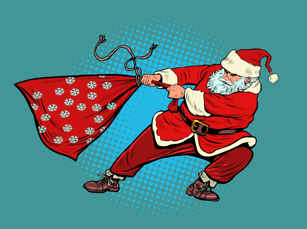 Santa Claus is pulling a heavy bag, a lot of gifts. Christmas and New Year winter holidays. Pop Art Retro Vector Illustration 50s 60s Kitsch Vintage Style. Santa Claus is pulling a heavy bag, a lot of gifts. Christmas and New Year winter holidays