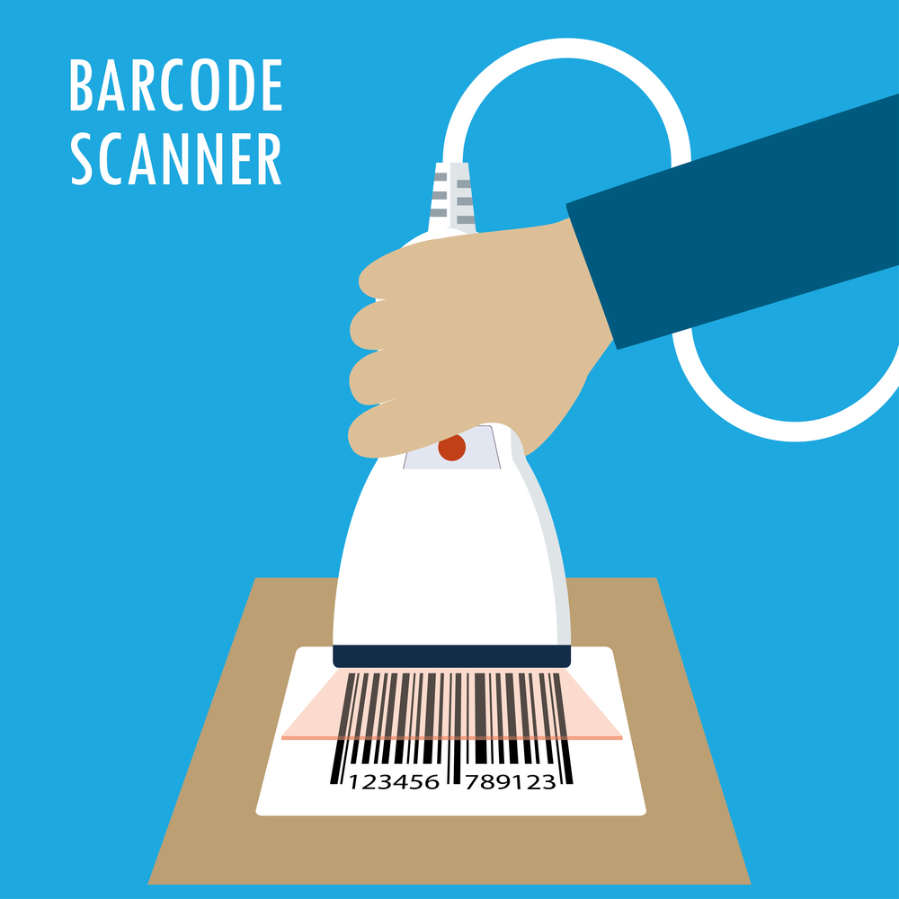 Hand holding white scanner,barcode scan technology,isolated on blue background,stock vector illustration.