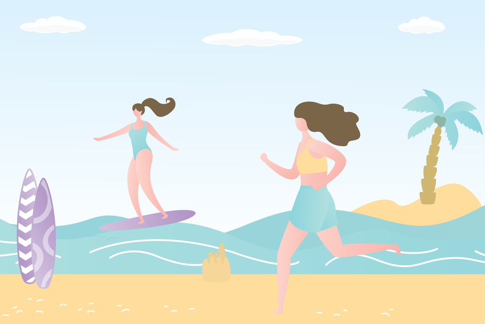Beauty girls on tropical beach,female characters are engaged in beach sports and activities,trendy style vector illustration