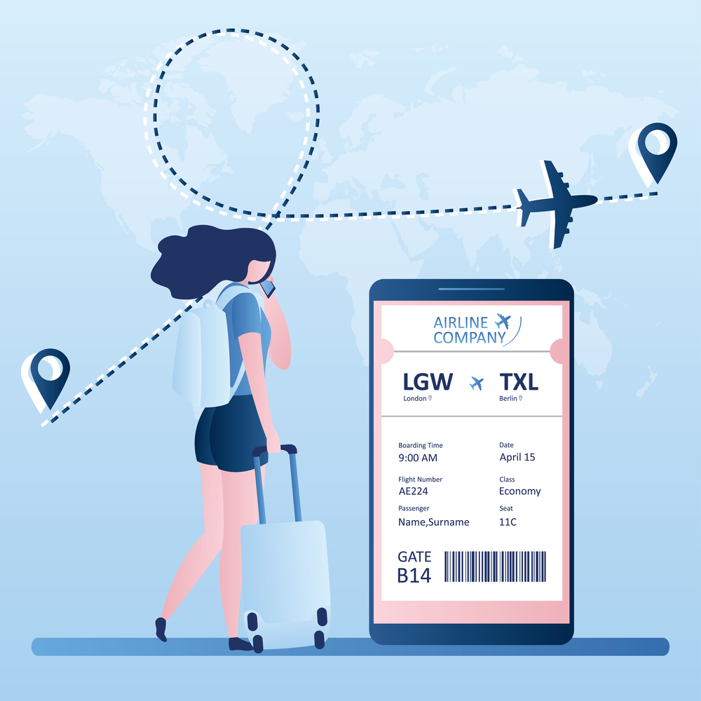 Female with backpack, suitcase and smartphone, big smartphone with boarding pass,online check-in,trendy simple style, flat vector illustration
