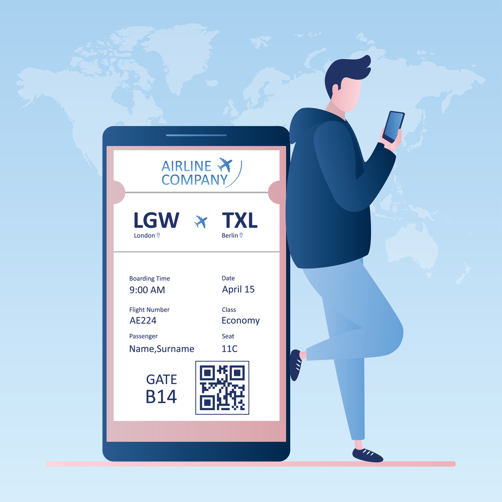 Male traveller with smartphone,online check-in,Airline boarding pass ticket with barcode code.Hipster character in profile view,Vector illustration in trendy style