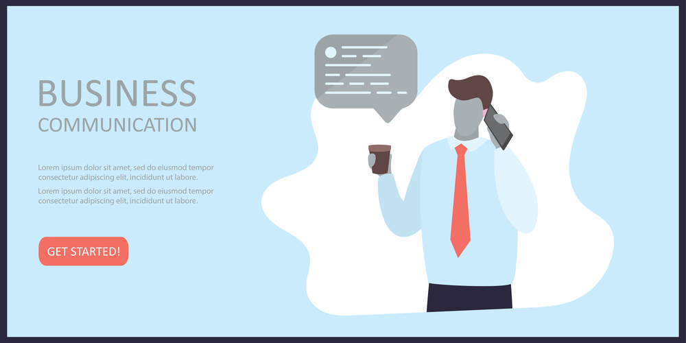 Businessman or clerk talking on smartphone and holds coffee cup,speech bubble,business communication concept banner or web page template,vector illustration in trendy style