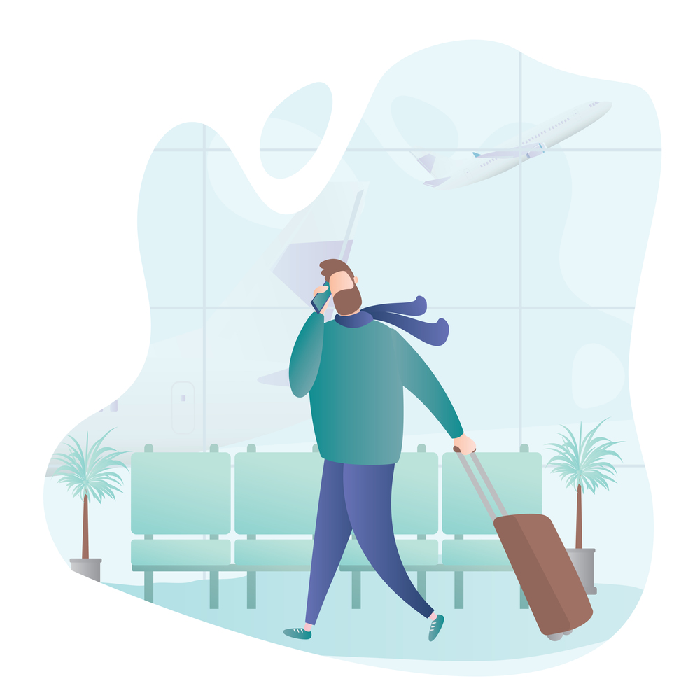 Male hipster with suitcase and smartphone in airport,take off airplane on background,trendy simple style,outdoor flat vector illustration