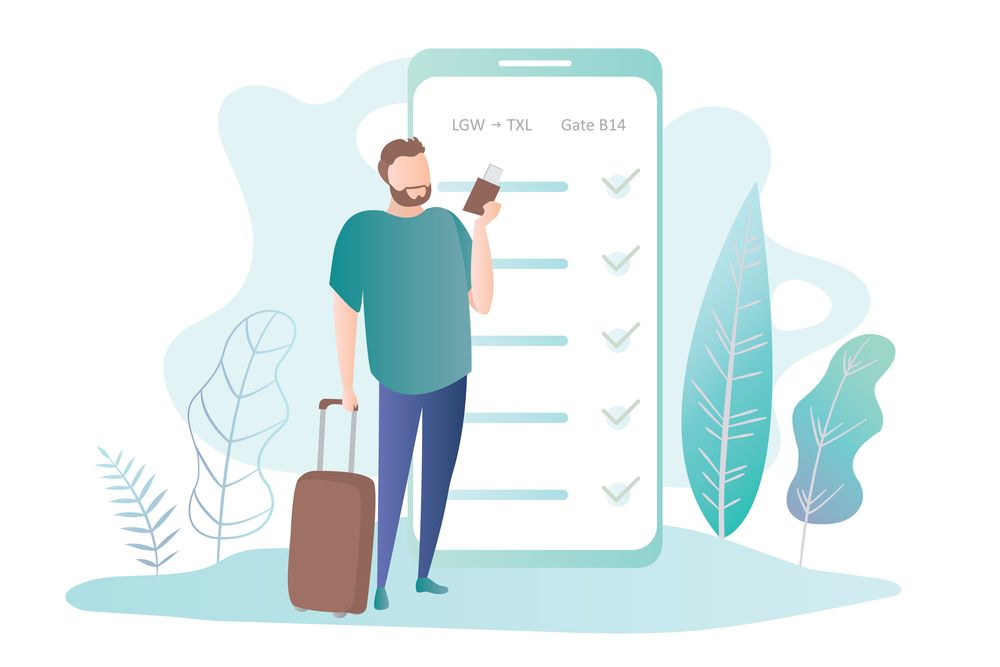 Male with suitcase and smartphone,big smartphone with  boarding pass,online check-in,trendy simple style,outdoor flat vector illustration