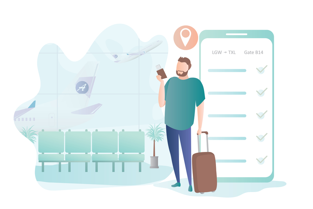 Hipster male with suitcase and tickets,big smartphone with online check-in on screen,airport interior with furniture,traveller character,travel background,trendy style vector illustration