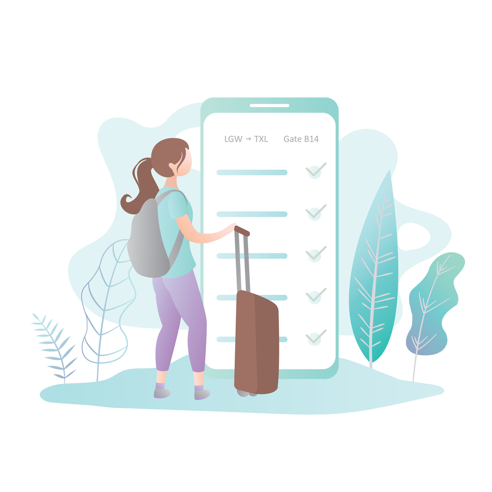 Cute Female with backpack and suitcase, big mobile phone with online check-in,trendy simple style, flat vector illustration