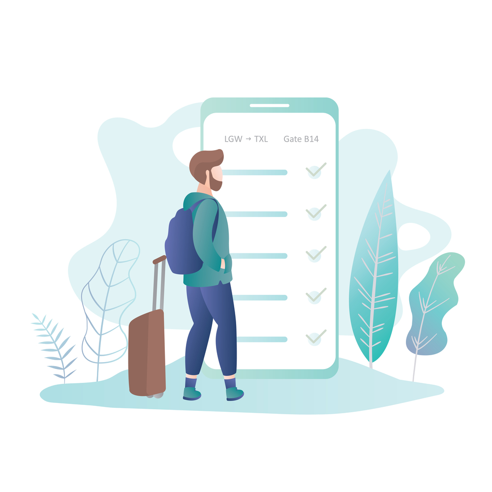 Hipster male with backpack and suitcase,big smartphone with online check-in on screen,traveller character,travel background concept,trendy style vector illustration