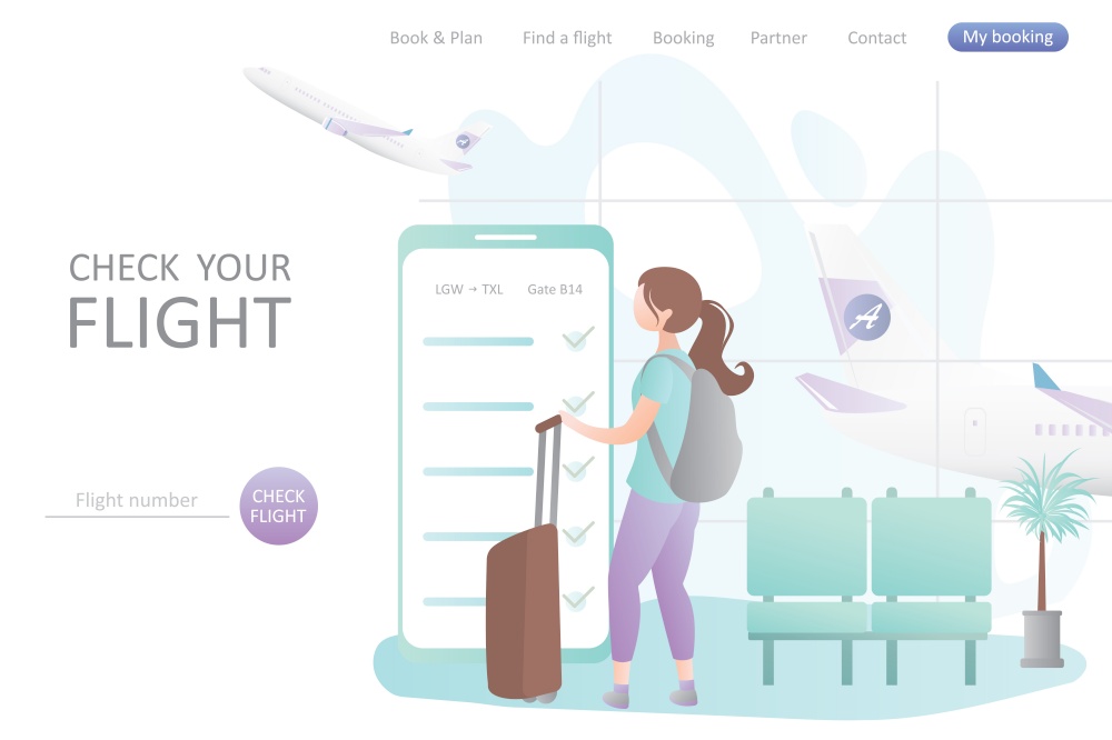 Hipster female with backpack and suitcase,big smartphone with online check-in on screen,airport interior with furniture and girl traveller character,travel landing page template,vector illustration
