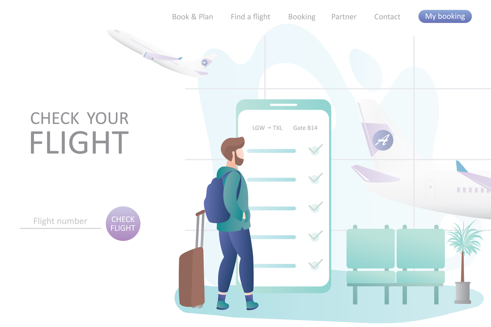 Hipster male with backpack and suitcase,big smartphone with online check-in on screen,airport interior with furniture and man traveller character,travel landing page template,vector illustration