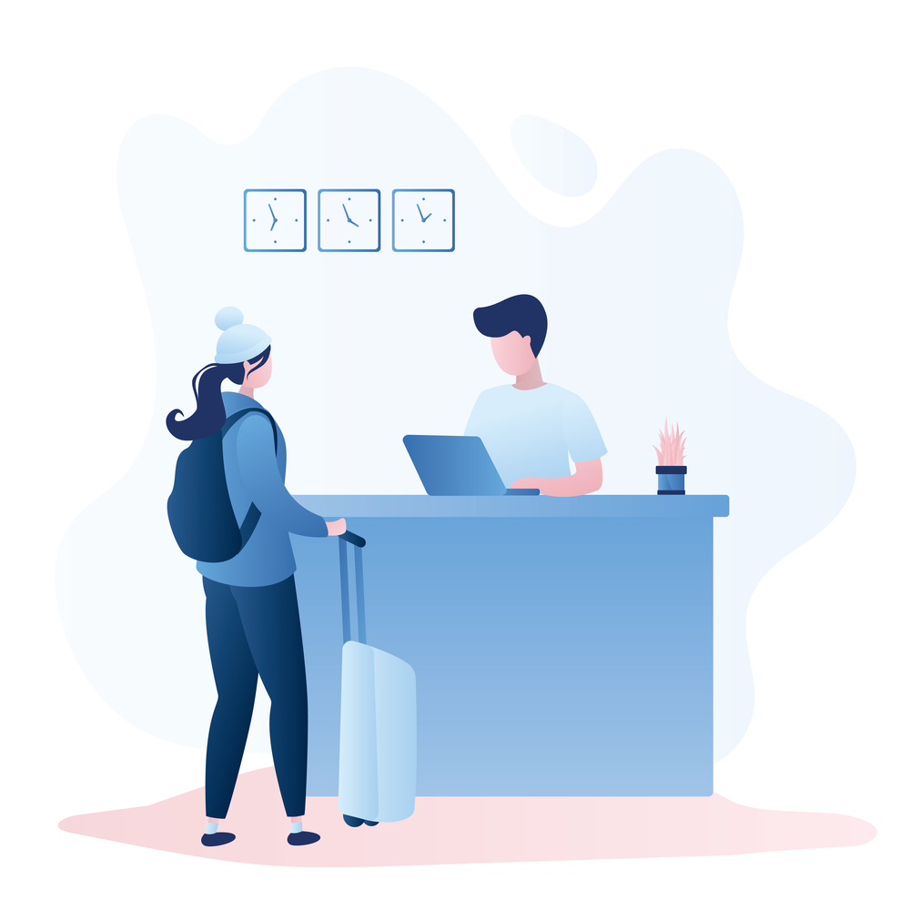 Female traveller with backpack and suitcase and male receptionist on workplace,reception interior,check-in process,trendy style vector illustration