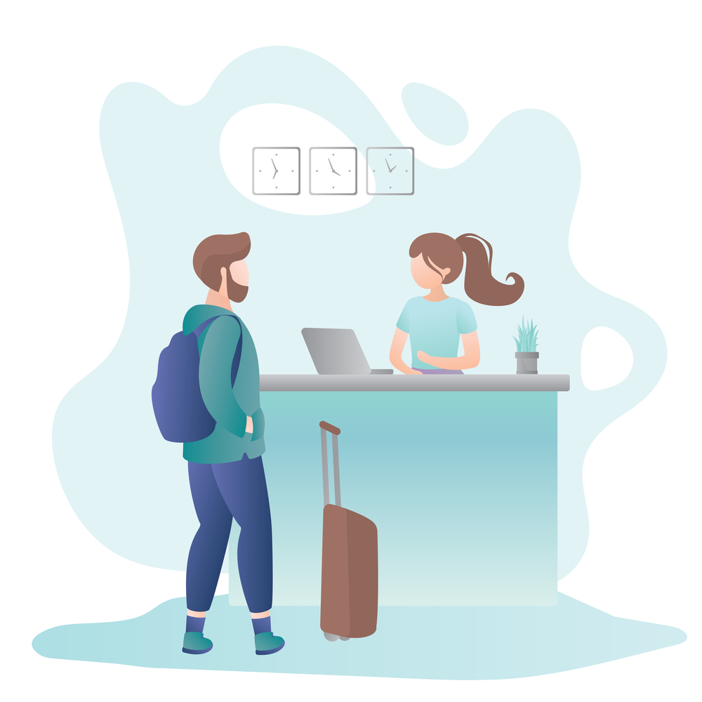 Female receptionist on Reception desk in hotel and male tourist with suitcase and backpack,check in process,vector illustration in trendy style
