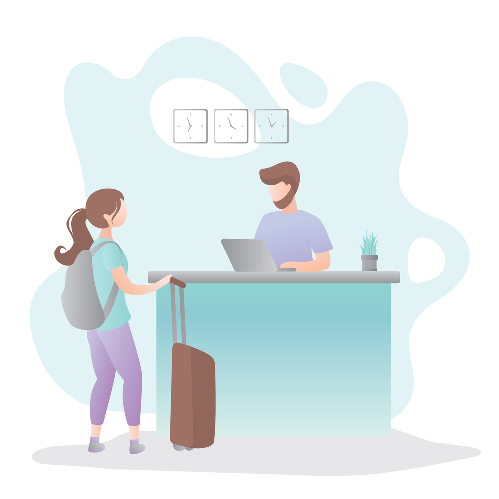 Male receptionist on Reception desk in hotel and female tourist with suitcase and backpack,check in process,vector illustration in trendy style