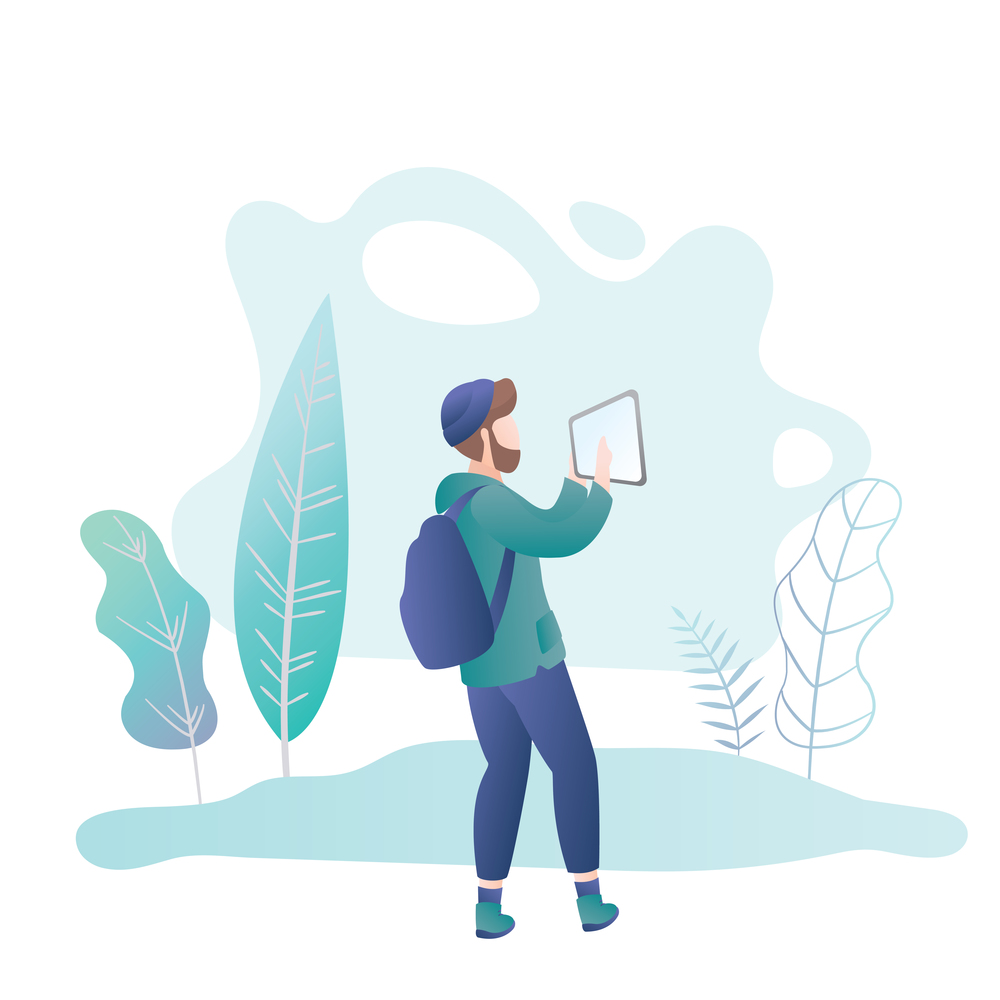 Hipster man with backpack and tablet pc,male character profile view, park or forest on background,travel banner,vector illustration in trendy style