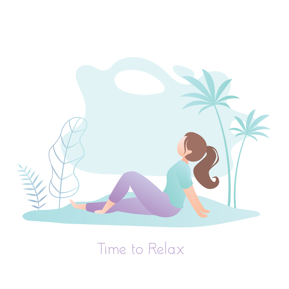Girl sitting in nature,female character profile view, park or beach with palm trees on background,time to relax,travel banner,vector illustration in trendy style