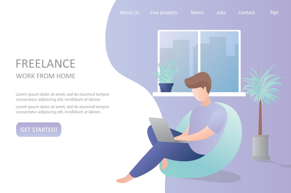 Male hipster freelancer at home or office,comfortable workplace,banner template about freelance ,flat vector illustration