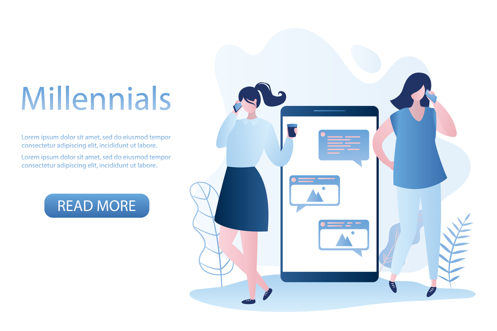 Two young girls  standing with cellphones,big mobile phone with speech bubbles,smartphone generation or millennials,template banner,trendy vector illustration