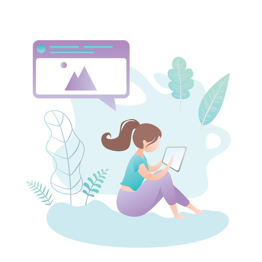 Girl with tablet pc sitting in park,female freelancer with gadget,social networking,design in trendy style,outdoor workplace,vector illustration