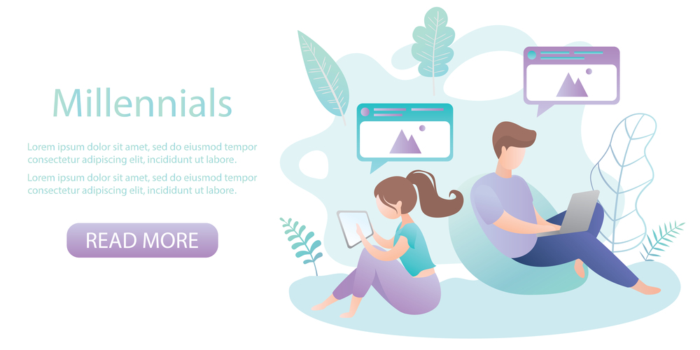 Two young people sitting with gadgets,smartphone generation or millennials,template  banner,trendy vector illustration
