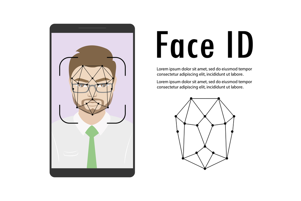 Man face on smartphone screen,Face id concept background,Personality Recognition,isolated on white,vector illustration