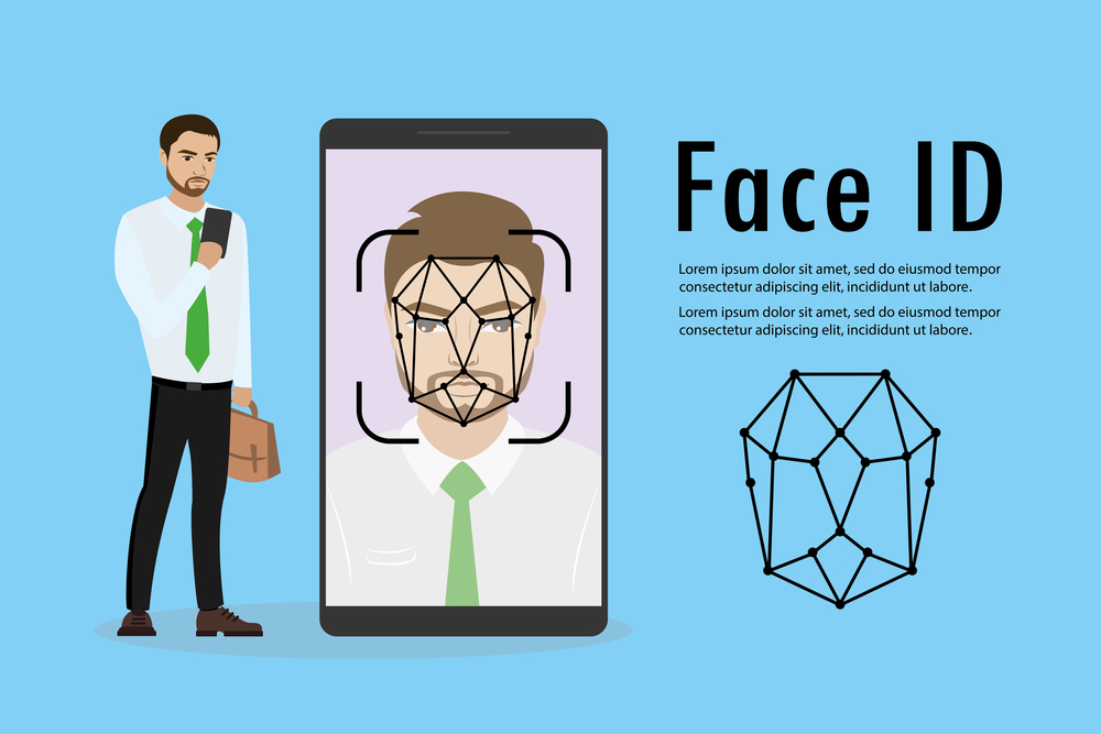 Businessman with mobile phone in hand,Man face on big smartphone screen,Face id concept background,Personality Recognition,place for text,vector illustration