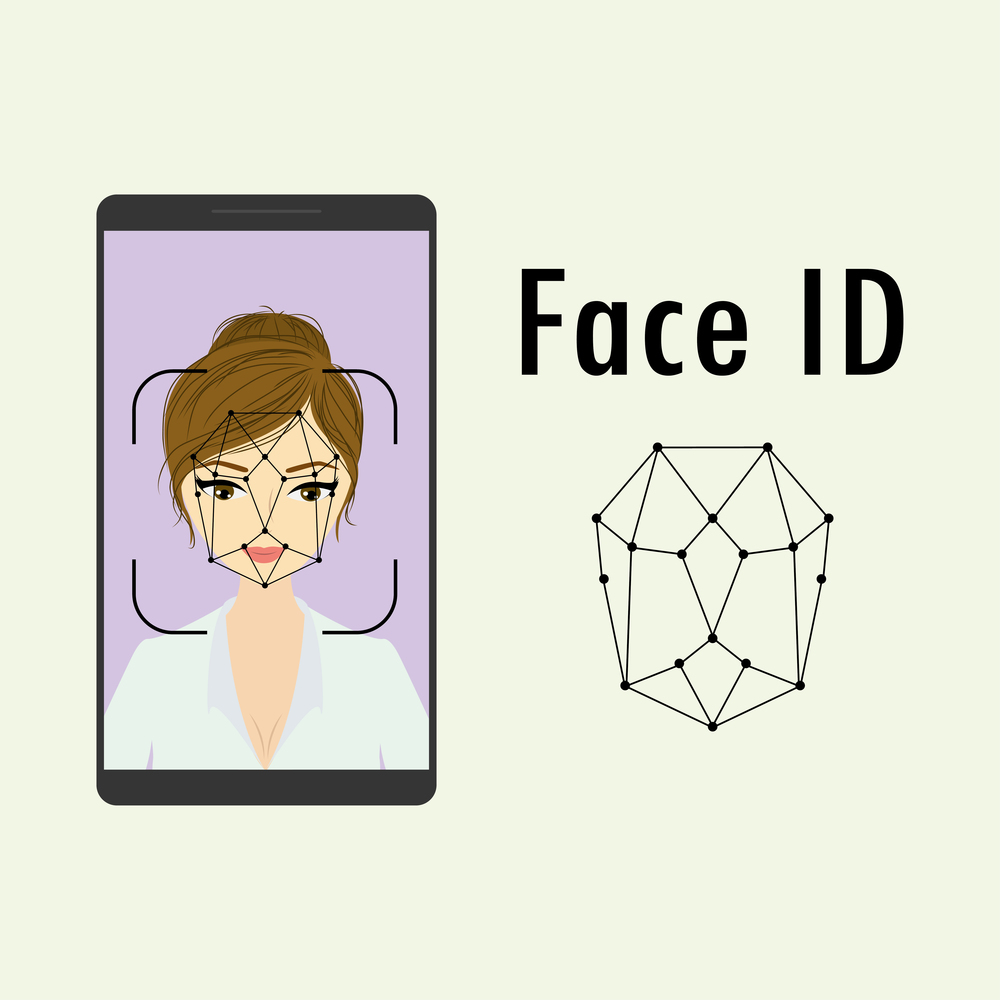 Woman face on smartphone screen,Face id concept background,Personality Recognition,isolated on white,vector illustration