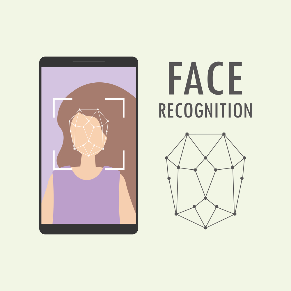 Female face on smartphone screen,Face id concept background,Personality Recognition,isolated on white,vector illustration