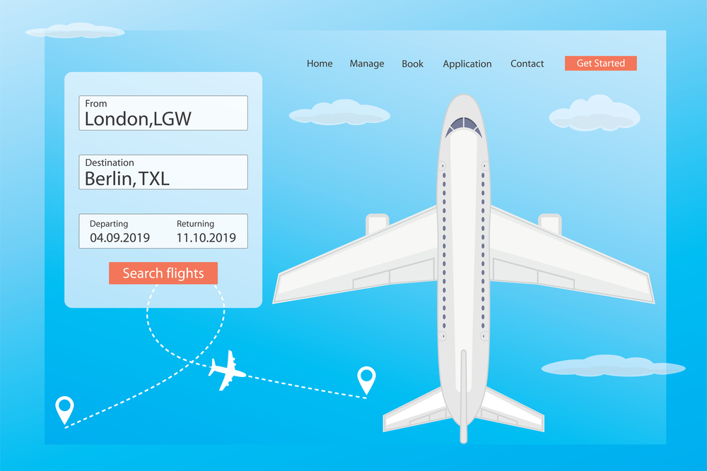 Landing page for online search and book travel ticket.web banner template.White airline in sky-top view.Flat vector illustration