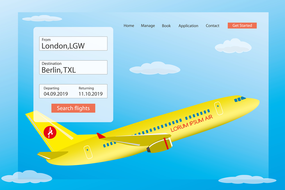 Landing page for online search and book travel ticket.web banner template.Yellow airline in sky.Flat vector illustration