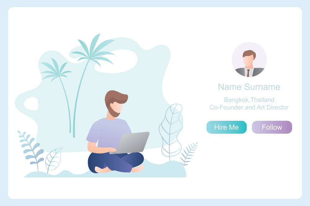 Male with laptop,freelancer working,landing page or resume cv template,flat vector illustration