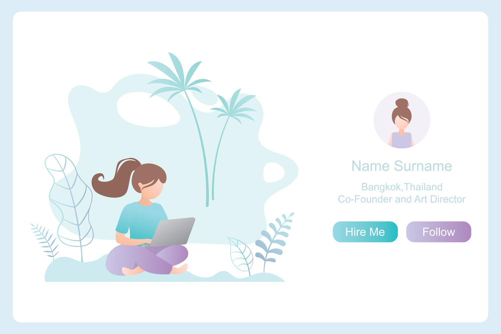 Female with laptop,girl freelancer working,landing page or resume cv template,flat vector illustration