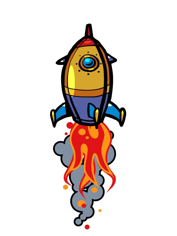 Retro rocket launch, startup concept. Space transport. Comic cartoon hand drawing retro vintage. Retro rocket launch, startup concept. Space transport